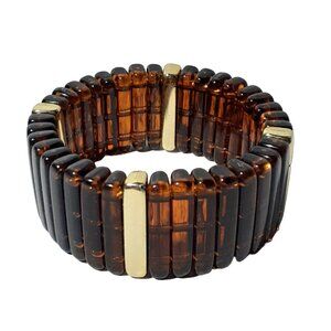 Immitation Tortoise Shell Wide Flat Beads Stretch Bracelet with Gold Tone Beads